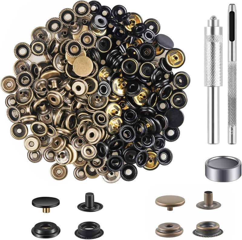 Moocci 200 Pieces (50Sets) Leather Snap Fastener Kit Tool 5/8 inches (15mm) Snaps for Leather Snap Fasteners Stainless Snaps Buttons for Bags, Clothes, Fabric, Jeans (Bronze+Black) - Image 1